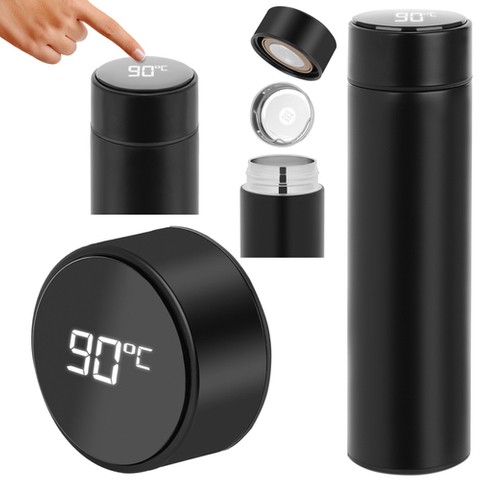 Smart Travel Mug with LCD Touch Screen (Space Black) Smart Water Bottle with LED Temperature Display - Tea Infuser - Travel Coffee Mug-17oz Insulated Water Bottle - Flask for hot and cold drinks